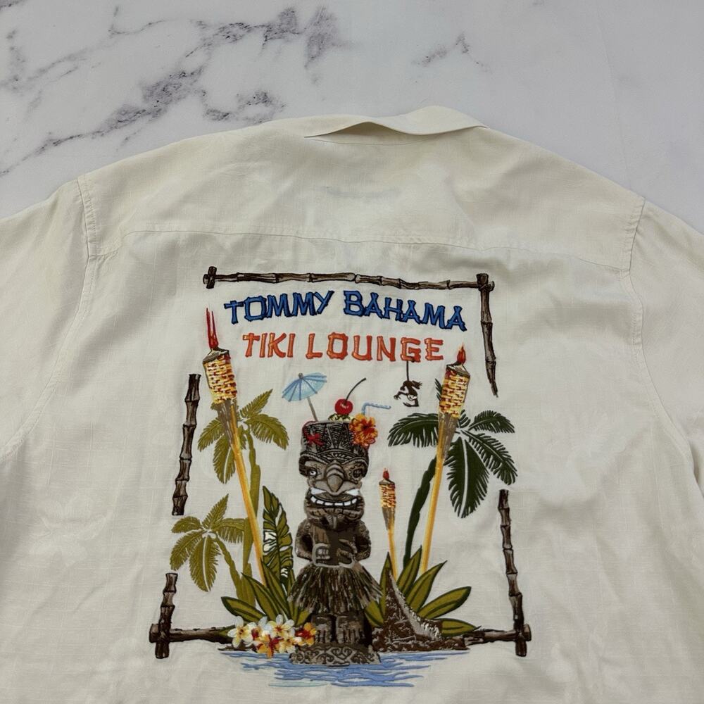 Tommy Bahama Tiki Lounge Embroidered Hawaiian Shirt Size L Cream Silk Tropical - Picture 10 of 13
